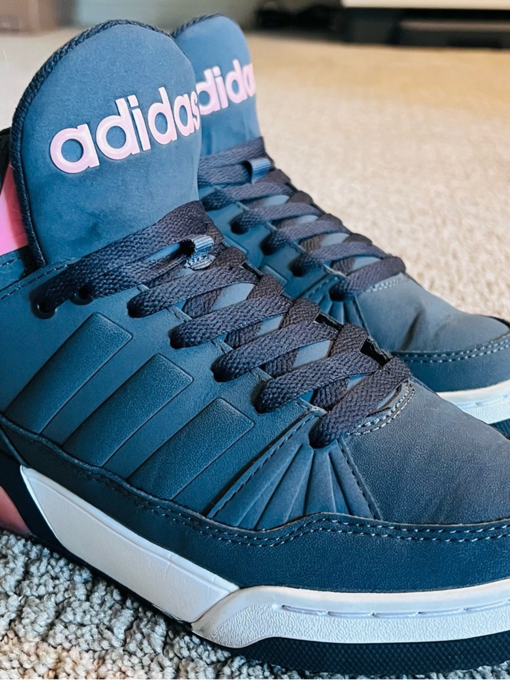 Adidas Women’s Navy High-Top Sneakers with Pink Logo Accents